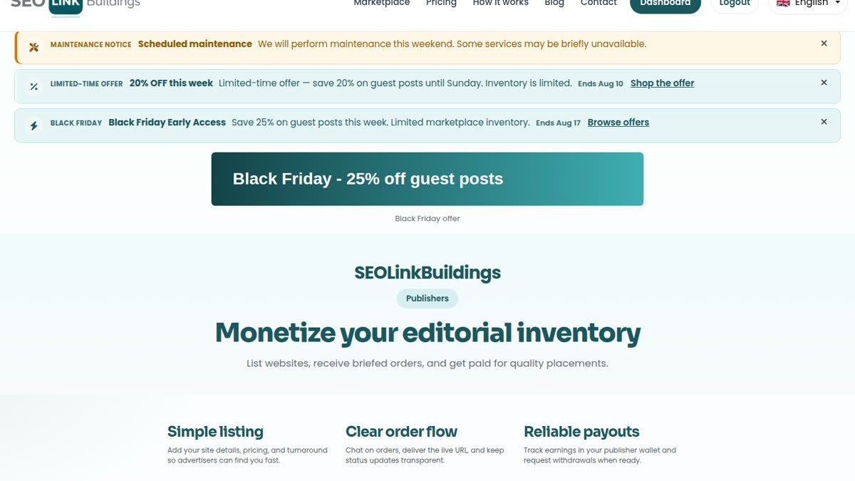 Become a publisher page for SEOLinkBuildings