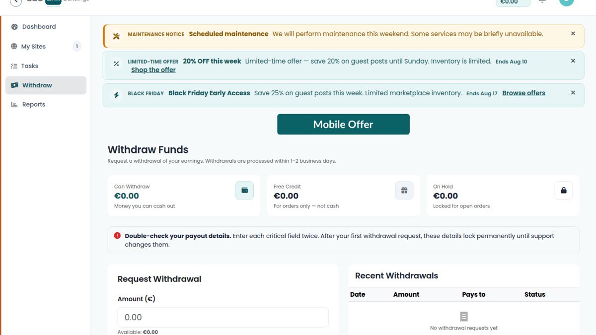 Publisher Withdraw page for requesting payout of available balance
