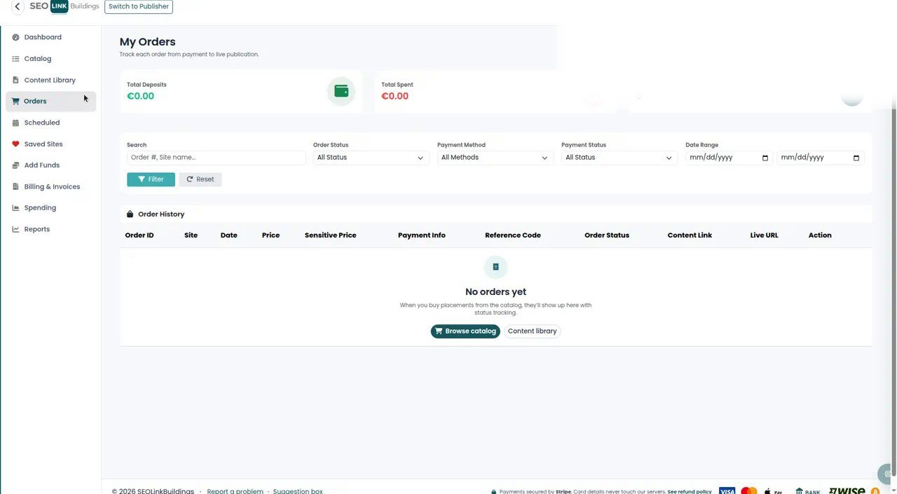 Advertiser Orders page for tracking guest-post placements