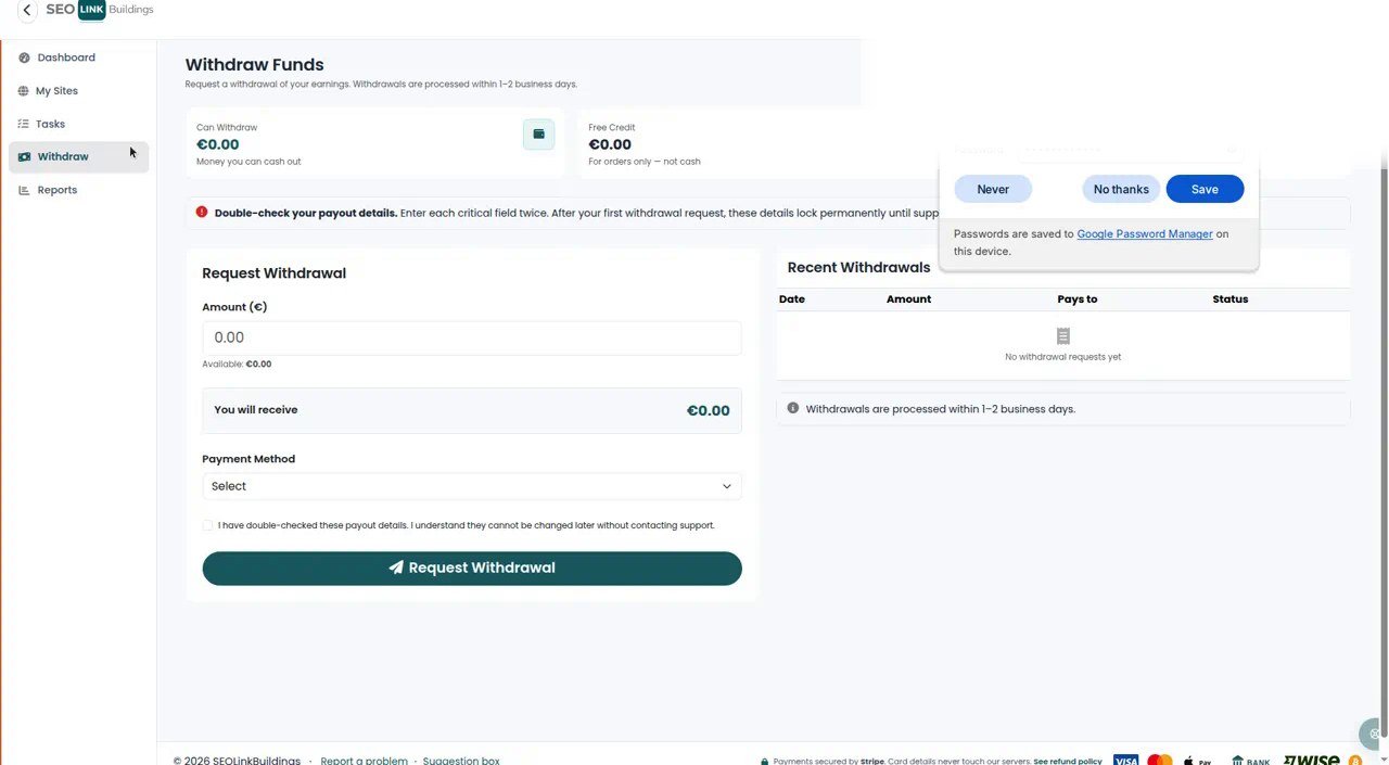 Publisher withdraw page for requesting payout of earnings