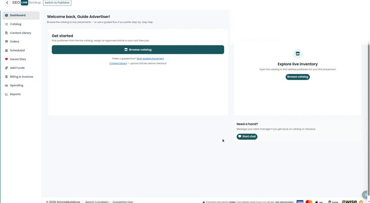 Advertiser-Dashboard auf SEOLinkBuildings nach dem Login