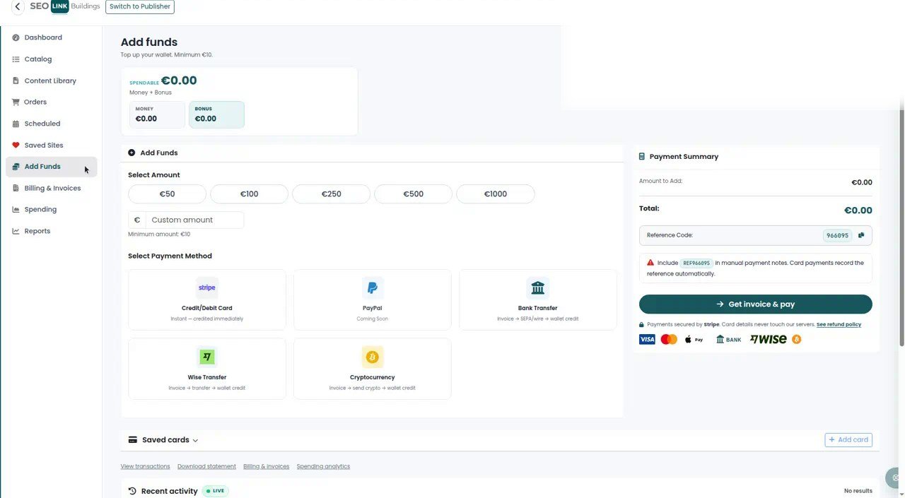 Add Funds page for topping up the EUR advertiser wallet