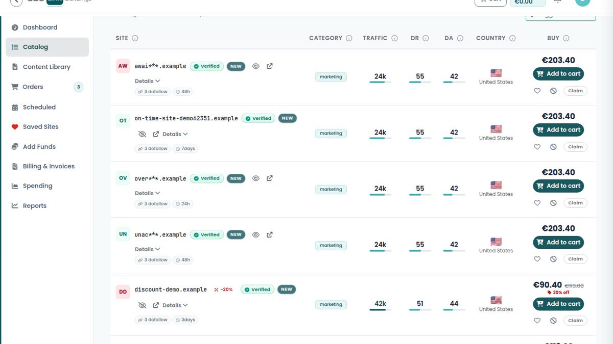 SEOLinkBuildings catalog with publisher metrics and filters
