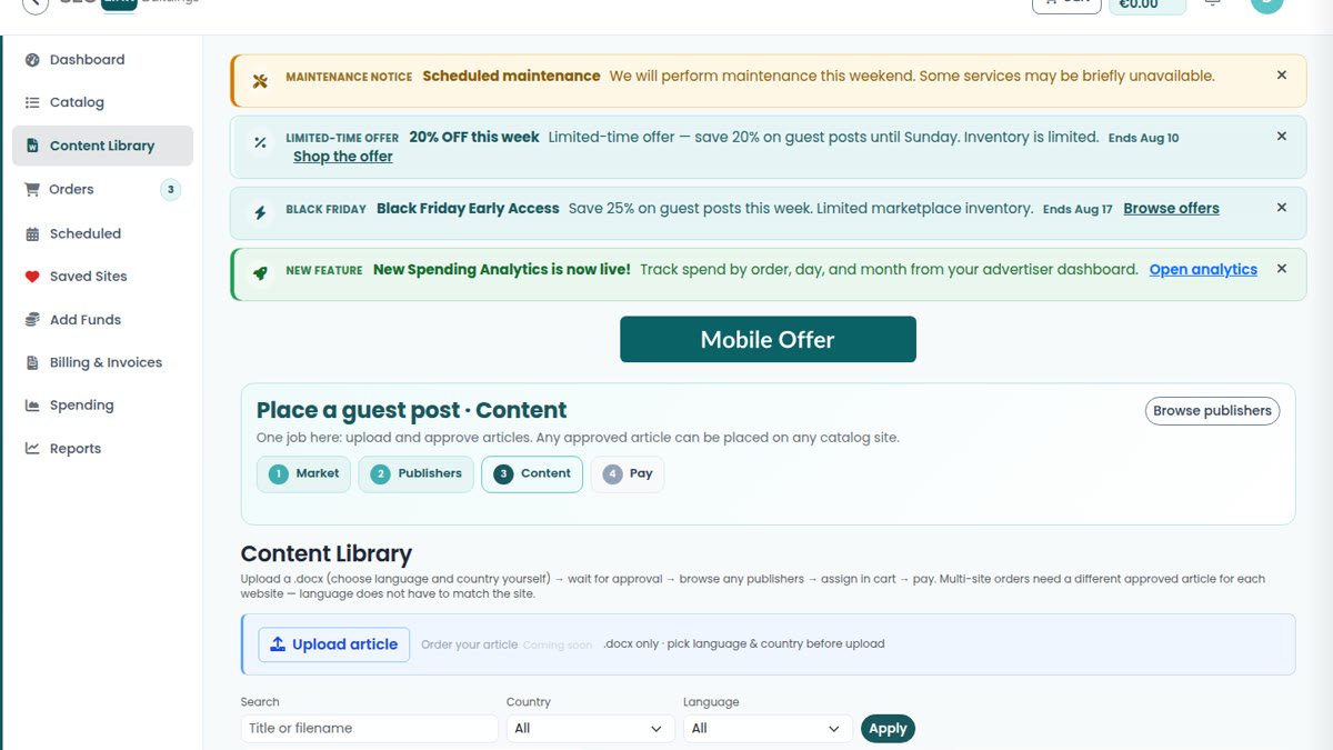 Content Library on SEOLinkBuildings for uploading guest-post articles