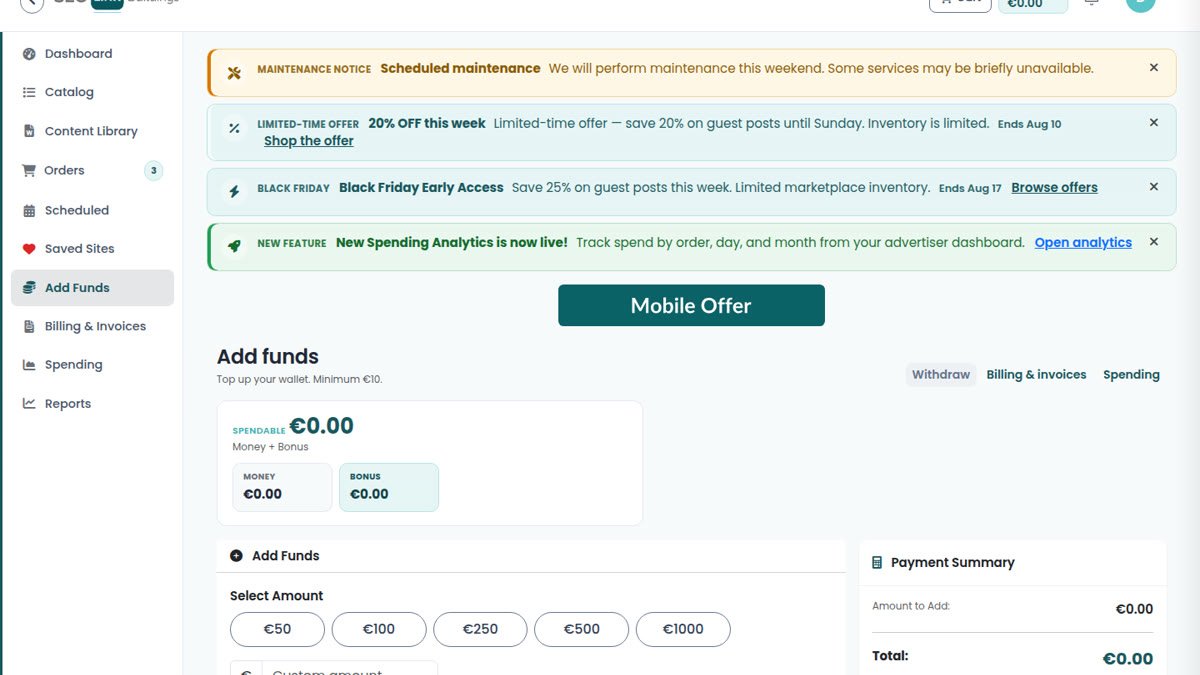 Add Funds page for topping up the SEOLinkBuildings wallet