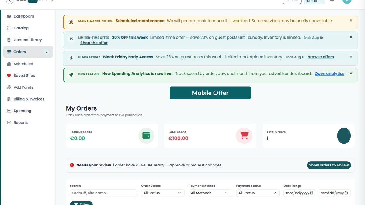 Advertiser orders screen where wallet-funded placements are tracked